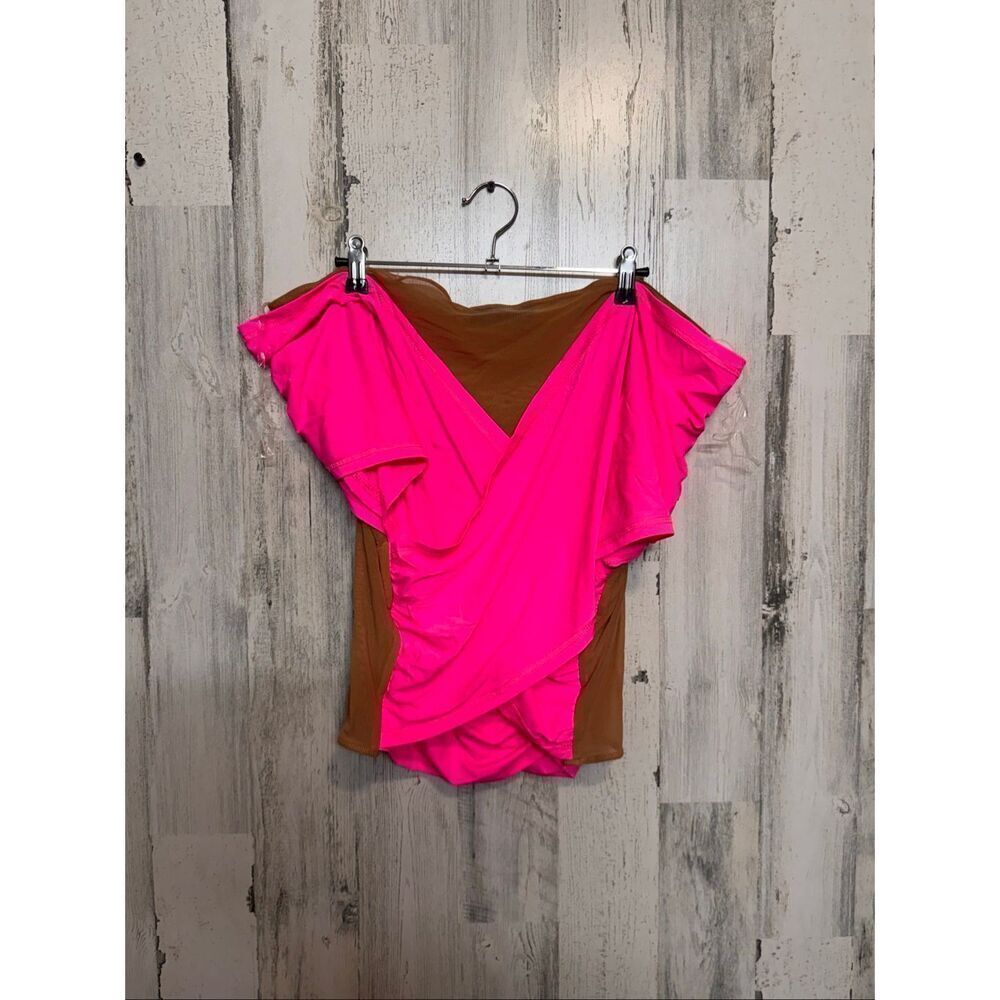 AKIRA Pink & Brown Sheer Mesh Wrap Top 3X Off Shoulder V-Neck Stretch NWT